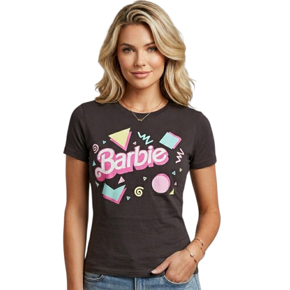 Barbie Tops - Barbie Graphic Fitted Tee Retro Logo Y2K Style Black Size L
